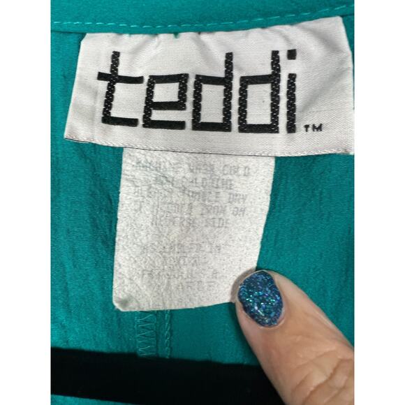 Vintage 80s Teddi Green Textured Waffle Floral Button Sweater Top Large Retro - Picture 2 of 9